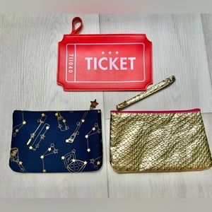 Ipsy Bag Bundle,  Cute wristlet type bags:  Ticket, Gold, Stars
